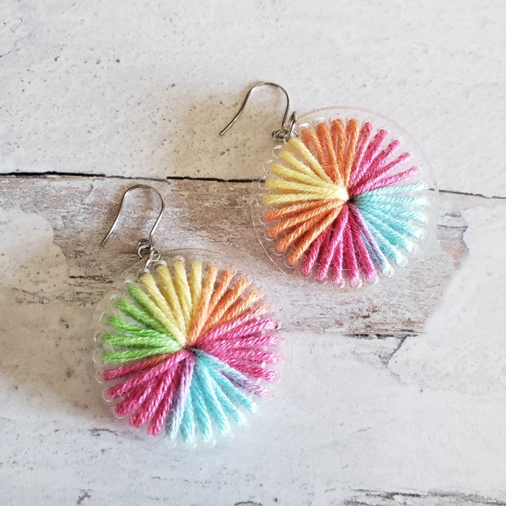 Geometric Rainbow Yarn Dangle Statement Earrings, Acrylic, Yarn, Stainless Steel